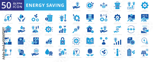 Energy Saving icon set with cost, control, system, management, demand, battery, consumption, monitoring, solar, security, education, green, lifestyle, recycle, temperature, operation, and conservation