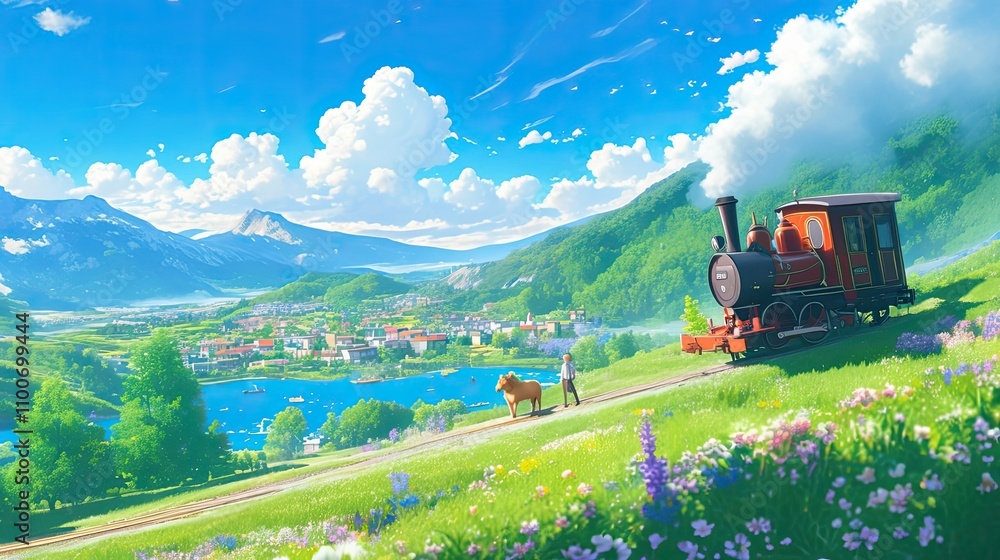 Naklejka premium Scenic Train Journey Through a Mountain Valley Village