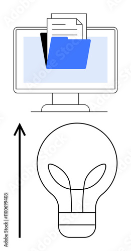 Monitor with documents and blue folder black outline lightbulb with upward arrow. Ideal for technology, creativity, innovation, organization, digital storage, productivity, data management. Line