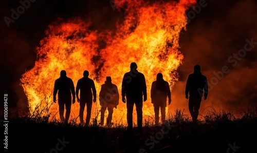 Silhouetted figures against raging fire, dramatic scene of six individuals walking towards flames, dark atmosphere, intense backdrop