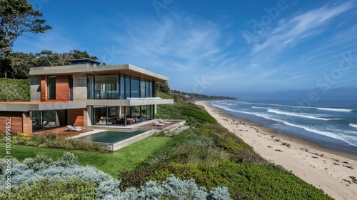 Wallpaper Mural Coastal home with sleek architecture, wide windows, and views of the beach and sea Torontodigital.ca