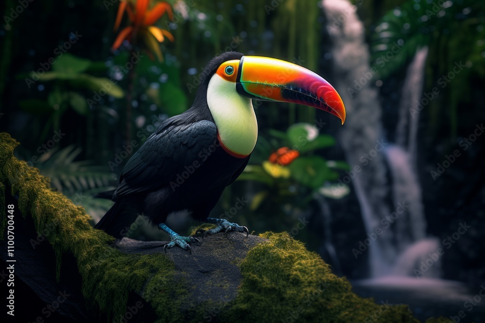 Fototapeta premium Enchanting Toucan by Waterfall: A Beautiful Macro Perspective