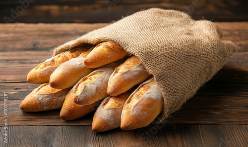 Freshly baked baguettes in burlap sack, warm crusty loaves, rustic wooden background, artisanal bread, bakery display photo