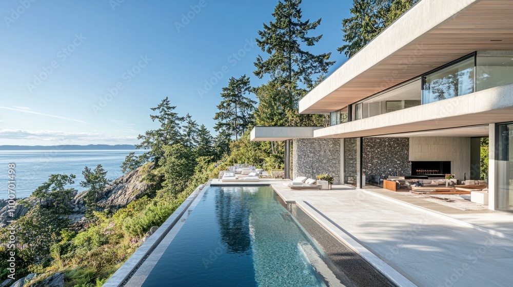 Fototapeta premium Elegant seaside villa with modern architecture, expansive windows, and beach access