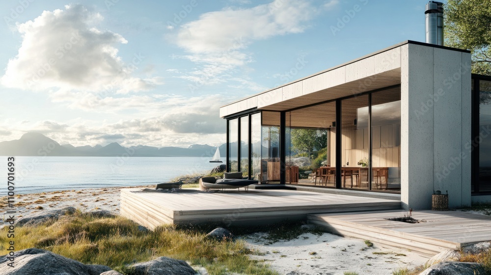 Obraz premium House with modern seaside architecture, glass facade, and cozy deck overlooking the beach