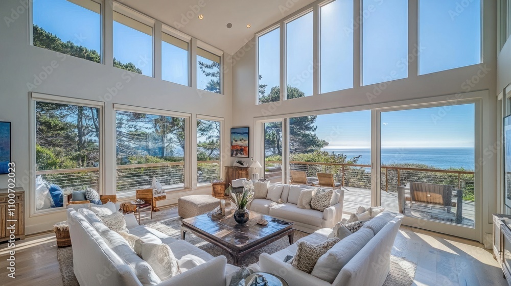 Fototapeta premium Luxurious seaside residence with panoramic windows, coastal views, and elegant deck