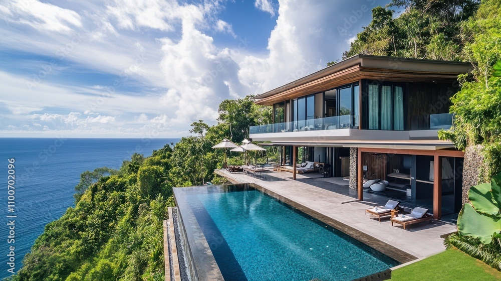 Fototapeta premium Luxury seaside home with infinity pool, modern design, and panoramic ocean view
