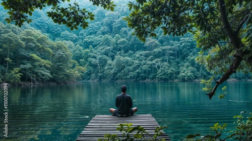 A serene moment of a man sitting cross-legged on a wooden dock, surrounded by a tranquil forest and calm water.  .