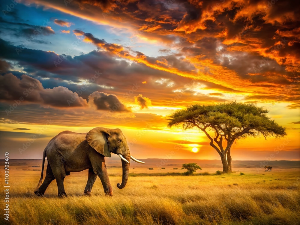 Fototapeta premium Majestic Elephant Walking Through the Savannah at Sunset with a Golden Sky Illuminating the Landscape and Creating a Breathtaking Natural Scene for Wildlife Photography