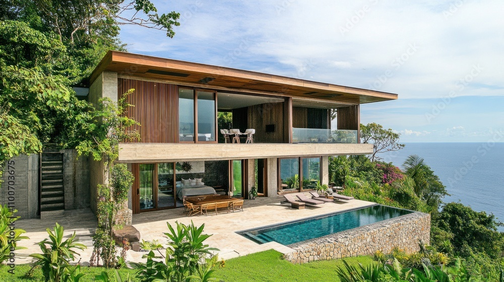 Ocean-view house with minimalist architecture, spacious terrace, and modern exterior Ocean-view house with minimalist architecture, spacious terrace, and modern exterior