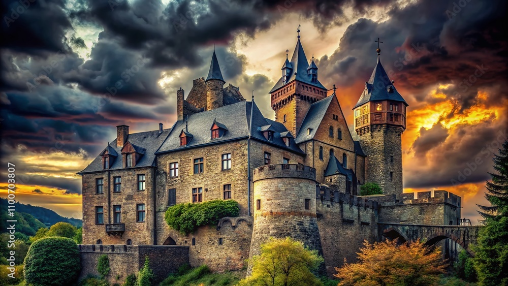 Fototapeta premium Majestic Gothic Castle Keep Surrounded by Dark Skies with Thick Stone Walls, Narrow Windows, and a Formidable Battlemented Roof in an Enchanting Landscape
