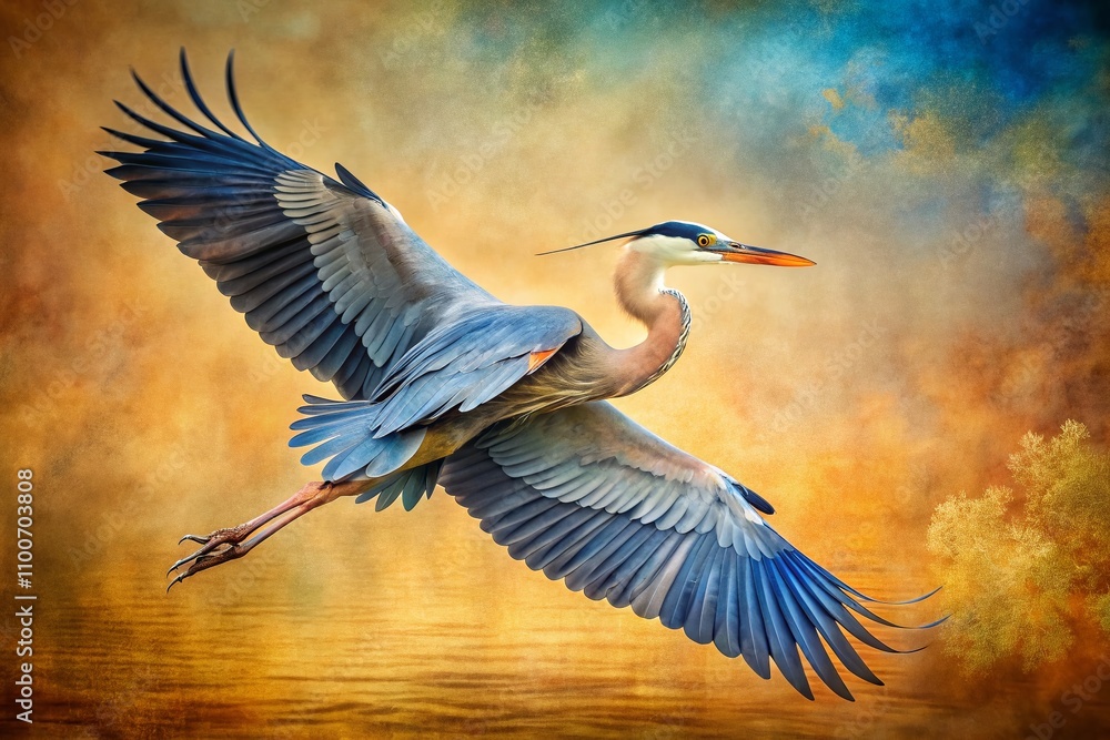 Fototapeta premium Majestic Great Blue Heron in Mid-Flight with Wings Fully Extended, Captured in Vintage Style Photography, Perfect for Wildlife Enthusiasts and Nature Lovers