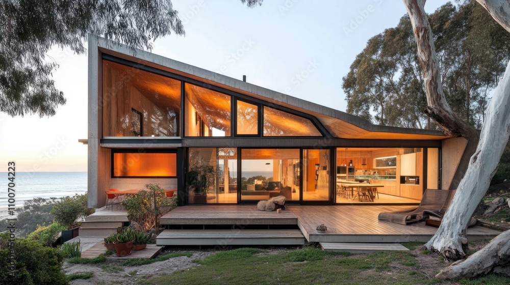Fototapeta premium Seaside home with geometric architecture, large windows, and beachfront terrace