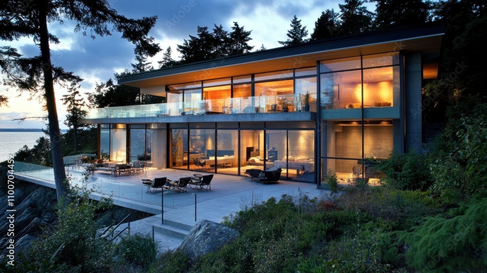 Fototapeta premium Sleek oceanfront house with large glass panels, stylish terrace, and sea-facing views