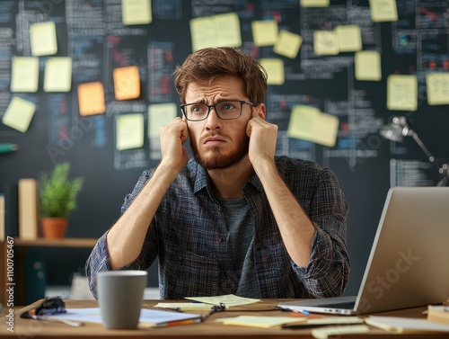 Frustrated web developer staring at broken code on screen, messy desk with coffee cup and scattered notes, modern office space, copy space for coding challenges and web issues