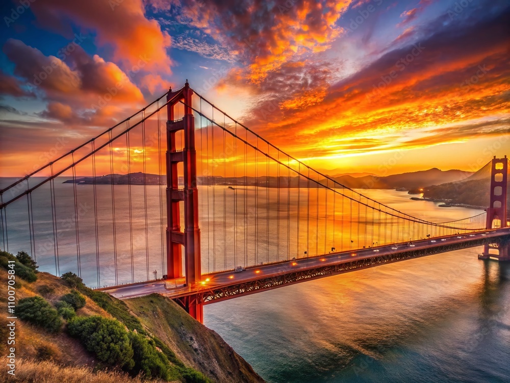 Fototapeta premium Majestic Silhouette of the Golden Gate Bridge at Sunset with a Panoramic View of San Francisco's Skyline and Bay, Perfect for Landscape and Travel Photography Enthusiasts