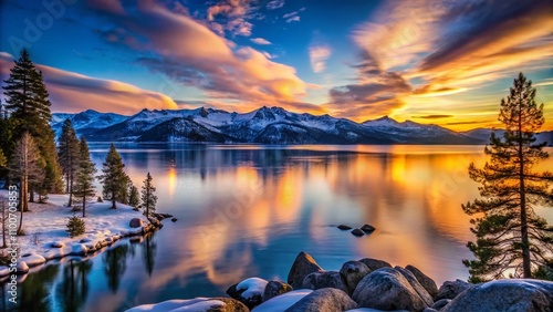 Majestic Silhouette Photography of Snowy Mountain Landscape Overlooking Lake Tahoe at Dusk with Crisp Blue Skies and Reflections on Calm Waters