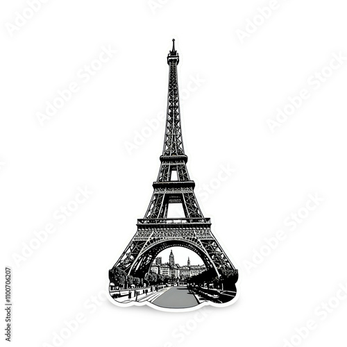 Stylish black and white illustration of the Eiffel Tower, Paris, with a city view beneath. Perfect for travel, tourism, or France-themed projects.