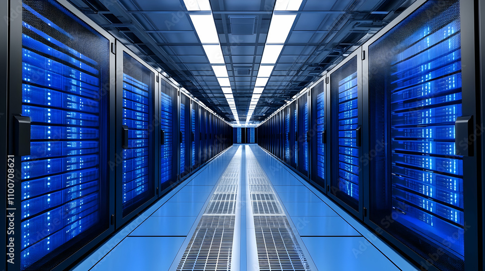 Fototapeta premium High-Tech Data Center Corridor with Blue Lights and Modern Servers