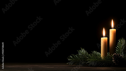 Two Burning Candles on a Dark Background with Pine Branches