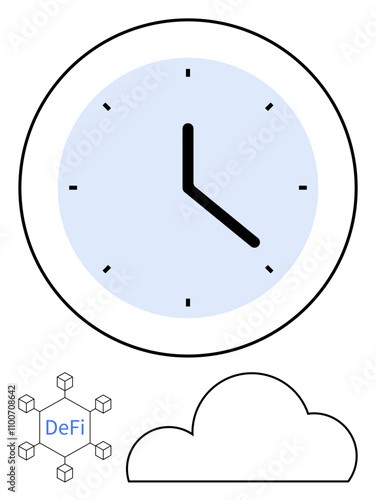 Analog clock with blue face and black hands, connected hexagons with DeFi in center, and cloud outline. Ideal for time management, finance, blockchain, cloud computing, technology, modern