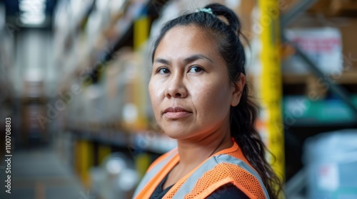 Portrait of Female Warehouse Supervisor working in leading distribution warehouse. She having skilled in audit daily operations, telephoto lens summer daylight cool color photo