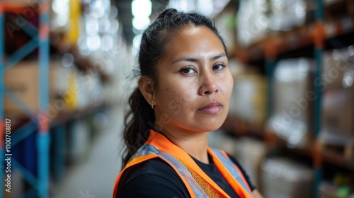 Portrait of Female Warehouse Supervisor working in leading distribution warehouse. She having skilled in audit daily operations, telephoto lens summer daylight cool color photo