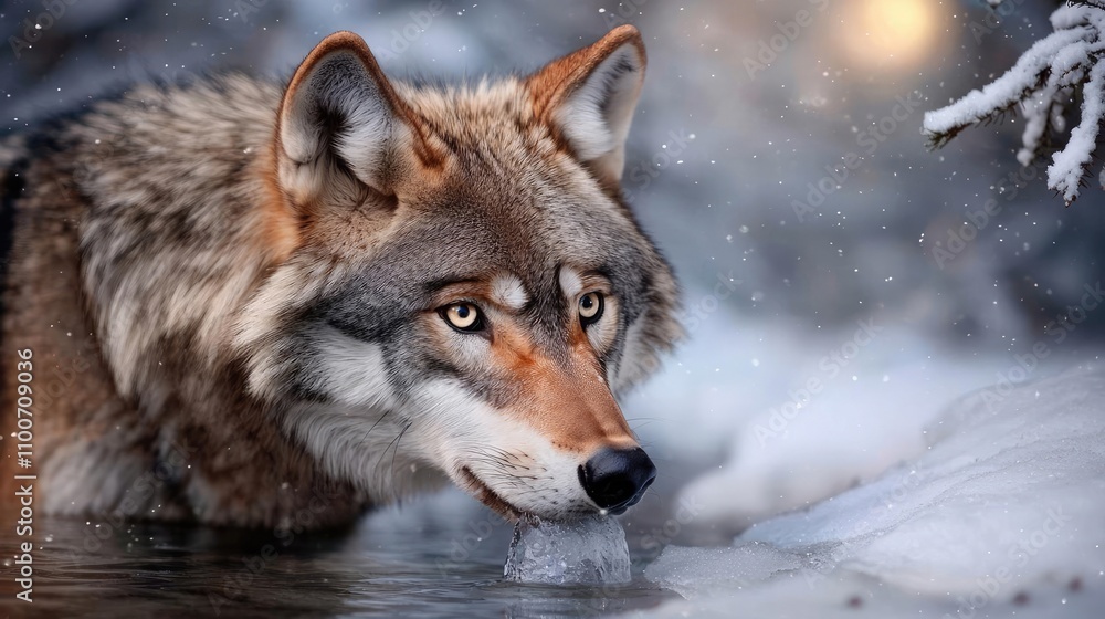 Fototapeta premium Christmas wildlife nature landscape. A wolf drinking from a partially frozen stream, surrounded by snow-laden trees under a Christmas moonlight