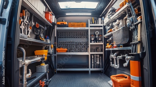 Organized service van interior with various tools and equipment on shelves.