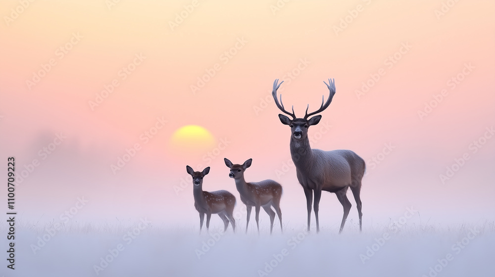 Fototapeta premium A graceful deer family featuring a majestic buck with large antlers, two fawns, and a doe standing together in a misty meadow under a soft pink sky with the rising sun.