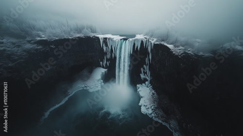 A breathtaking aerial view of a waterfall partially frozen in cascading ice, surrounded by snow-covered cliffs and misty winter fog, creating a dramatic and serene natural scene. photo