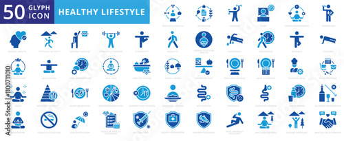 Healthy lifestyle icon set with exercise, sleep, balance, flexibility, yoga, meditation, nutrition, healthy eating, vaccination, mindfulness, time management, endurance, mental health, and probiotic