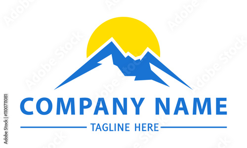 Blue and Yellow Color Simple Abstract Mountain and Sun Logo Design