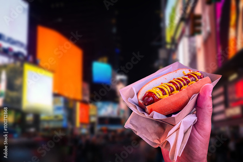 Holding a hot dog in NYC on the Times Square.