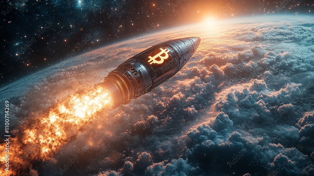 Obraz premium futuristic Bitcoin rocket glides past fluffy clouds, heading towards a starry sky, symbolizing the rise of digital currencies and the limitless potential of the financial technology revolution