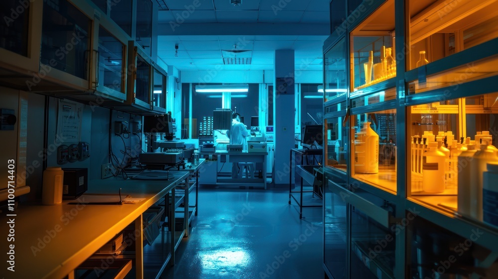 Fototapeta premium Work safety in biotechnological labs, dealing with biohazard materials and containment telephoto lens summer daylight cool color
