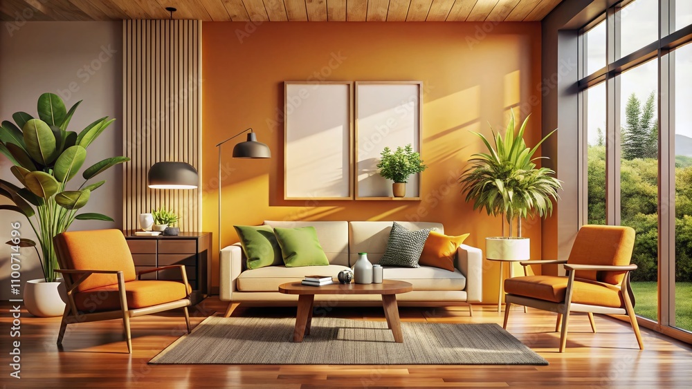 Fototapeta premium Minimal Modern Home Design Featuring Warm Furniture Colors and Poster Frame Mockup in a Bright Interior - 3D Render of Elegant Living Space