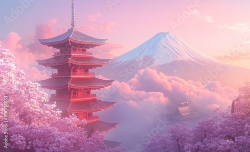 A majestic view of Mount Fuji with cherry blossoms in bloom and a traditional pagoda in the foreground, all bathed in a soft, pink glow.