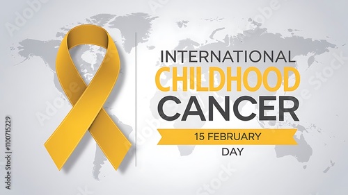 Minimalistic Digital Illustration for International Childhood Cancer Day with Yellow Ribbon and World Map Background photo