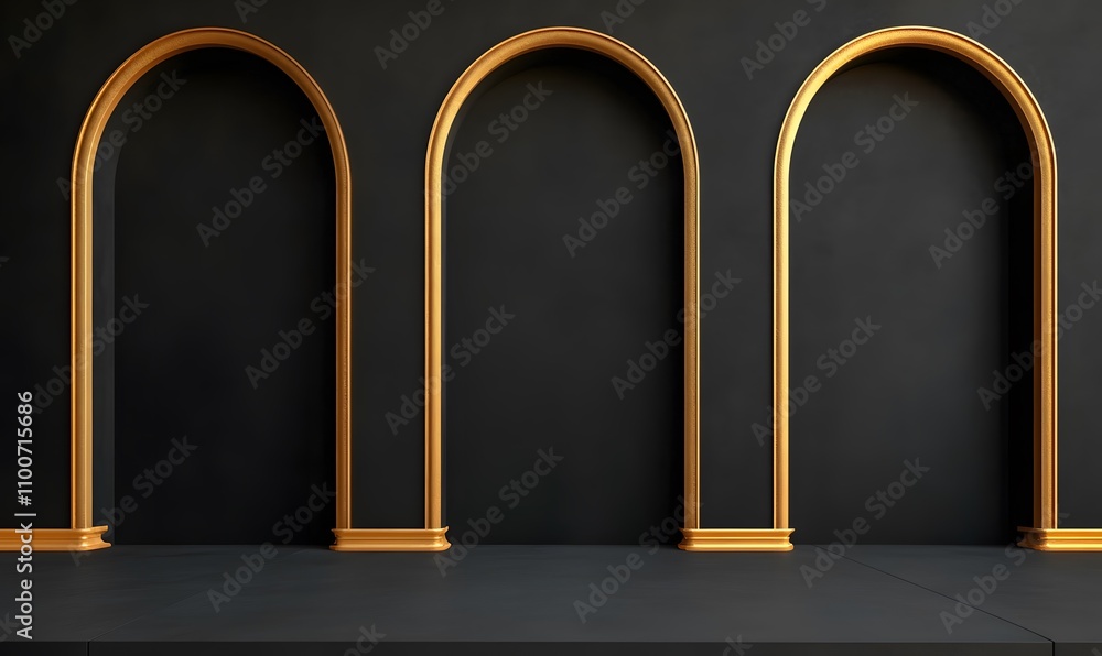 Fototapeta premium Black-and-gold awards stage with radiant arches, Generative AI 