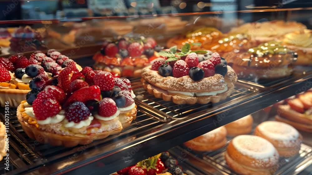 Delicious desserts displayed in a bakery showcase with fresh fruits Delicious desserts displayed in a bakery showcase with fresh fruits