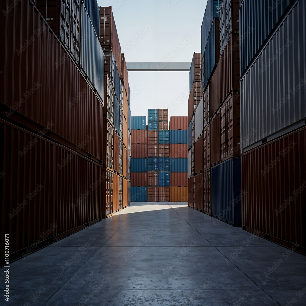 Fototapeta premium Ground Level View of Cargo containers in Port Corridor in Midday Sunlight