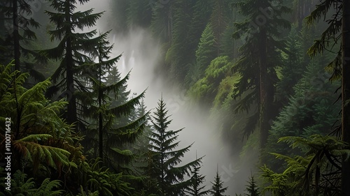 photograph of pacific northwest rainforest view, light mist with lots of dense evergreen trees, spotty golden lighting peaking through trees, distant waterfall highlighted in the center of the image