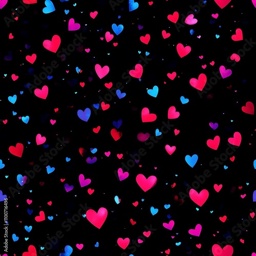 Valentine theme Seamless patterns, Neon Glowing Hearts on Dark Background Design