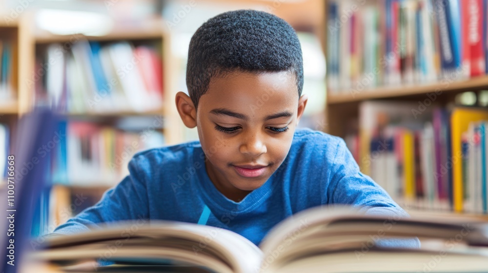 Student reading in a quiet library environment, promoting focus and education Student reading in a quiet library environment, promoting focus and education