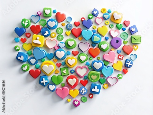 Modern Communication Symbols for Social Media Engagement on a Clean White Background Featuring Hearts, Messages, and Likes for Digital Interaction and Networking Concepts photo