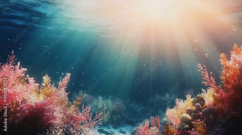 Fototapeta premium Sunlight in an underwater nature background, illuminating coral reefs