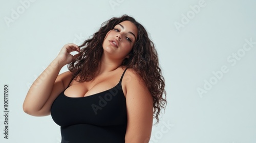 Young woman with curves, confidently embracing her body, isolated on white background