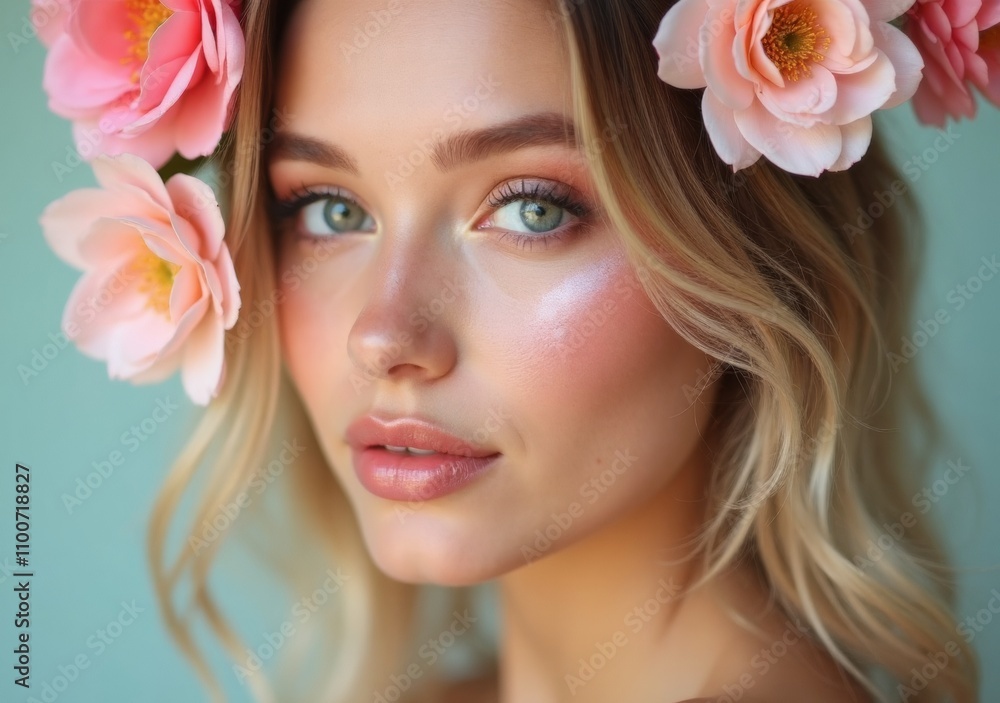 Portrait of a young woman with flower crown and radiant makeup in soft lighting Portrait of a young woman with flower crown and radiant makeup in soft lighting