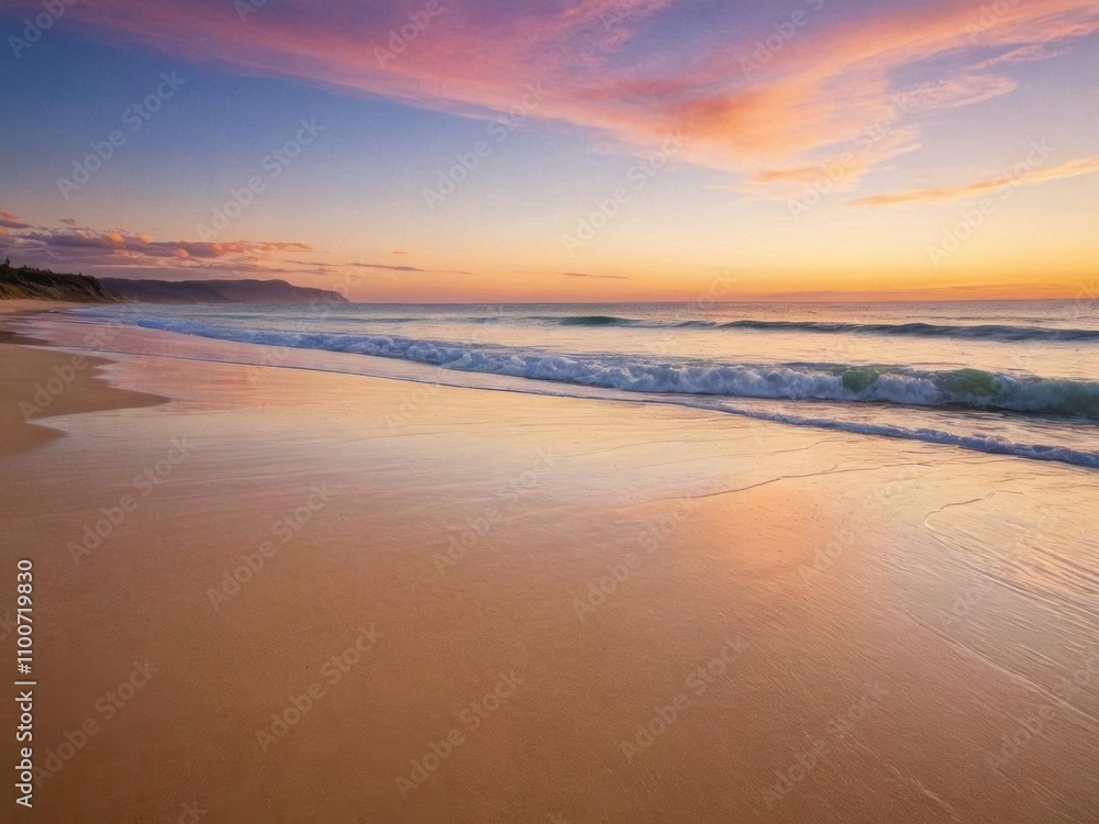 Obraz premium A serene sunset beach with gently crashing waves, golden sand, and a colorful sky, holiday, nature